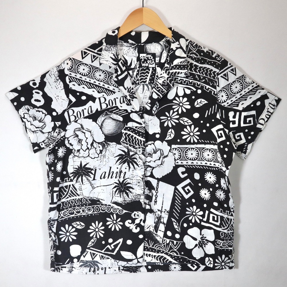 VTG Jams World Womens Large Button Up Rayon Shirt Black White Bora Bora Tahiti